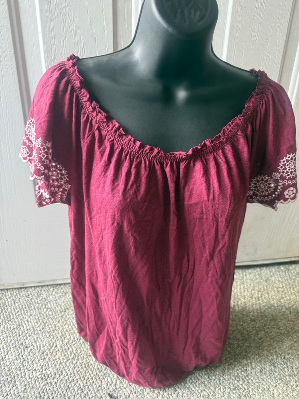 American Eagle Outfitters Burgundy Off-Shoulder Embroidered Sleeve Top